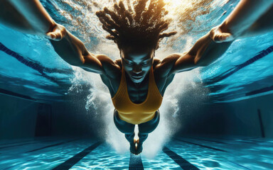 Female swimmer gushing through water in pool