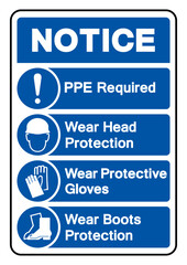 Notice PPE Required Wear Head Protection Wear Protective Gloves Wear Boots Protection Symbol Sign, Vector Illustration, Isolate On White Background Label .EPS10