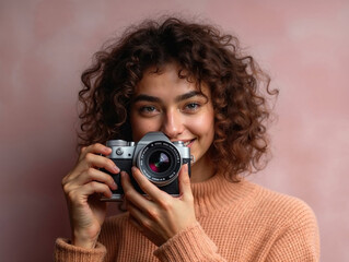 Portrait of a happy photographer with a vintage camera
