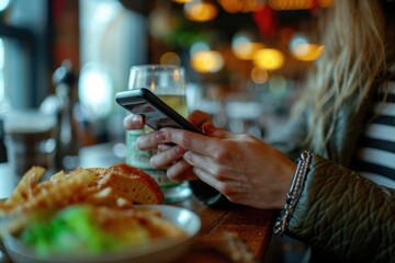 Casual woman using phone with food and drink at a table.
