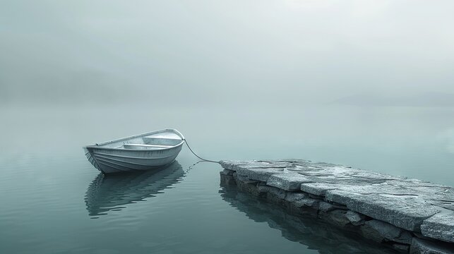 A solitary metallic silver rowboat floating on glass-like misty waters in silence
