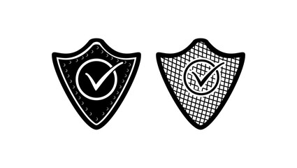 Shield with check mark, black isolated silhouette