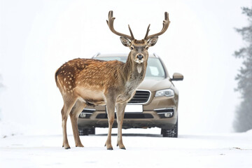 European fallow deer stands frozen on the snowy road.  The car is visible in the background. Generative ai image.