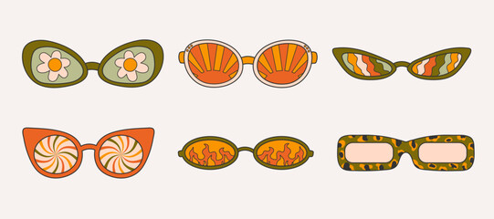A set of fashionable sunglasses in a groove style. Retro accessories on a light background, hippie, 1970s. Various trippy patterns in glass.