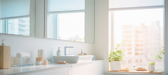 Modern bathroom interior in a high-rise building. there is a large bright window in the bathroom