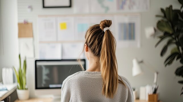 Rear View Of Woman Looking At Vison Board Hanging On The Wall In An Apartment, Blurred Table, Computer On Background