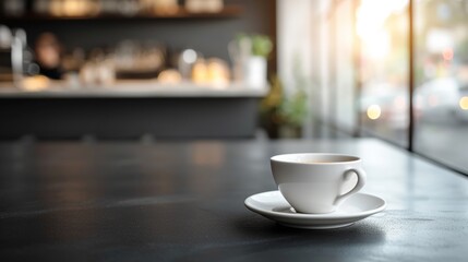 A moment of solitude with a hot coffee in a minimalist cafe setting - obrazy, fototapety, plakaty