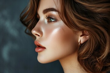 Gorgeous female profile with gold earring, bob haircut, and dark brown background. Perfect model face with ideal nose and luscious makeup in a seductive side angle.