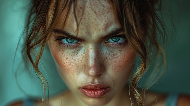 Beautiful angry woman with blue eyes expressing frustration, furrowing her brow, and intense gaze into the camera on a blue background