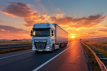 Sunset Serenade A White BAE Truck Cruising Down the Highway Generative AI