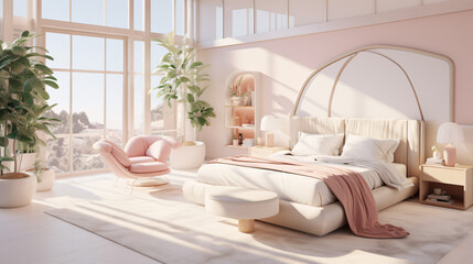 a pink bedroom with lots of light, in the style of photo-realistic landscapes
