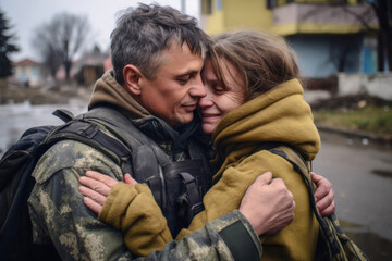 Fototapeta na wymiar A soldier in camouflage returned home from war and hugs his wife