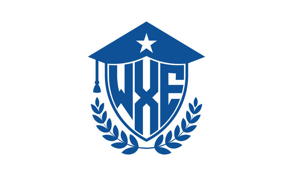 WXE three letter iconic academic logo design vector template. monogram, abstract, school, college, university, graduation cap symbol logo, shield, model, institute, educational, coaching canter, tech