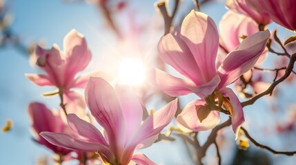 Magnolia tree blossom in springtime. Pink flowers