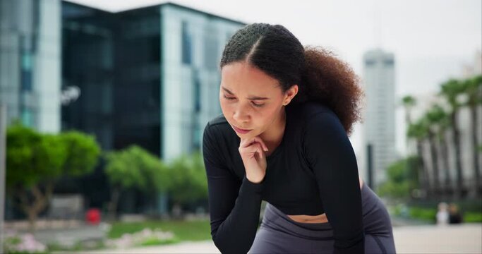 City, check smart watch and woman with fitness, tired and fatigue with progress or measure workout. Health stats, monitor heart rate or runner with pulse or technology for wellness with digital app