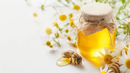 Sweet honey jar and bee surrounded chamomile blossoms on white background