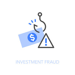 Simple visualised investment fraud icon symbol with a fishing hook stealing a bank note.