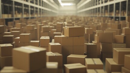 Fototapeta premium Boxes and box loaders in a warehouse, Rows of shelves with boxe