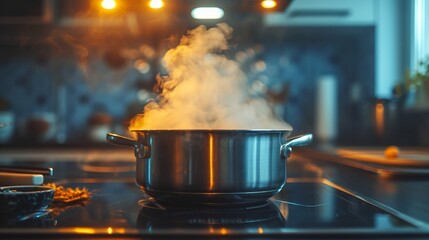 Stainless steel saucepan on an induction stove with steam rising and a warm kitchen glow