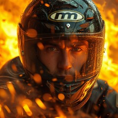 Motorcycle Rider in Fire-Inspired Helmet Generative AI