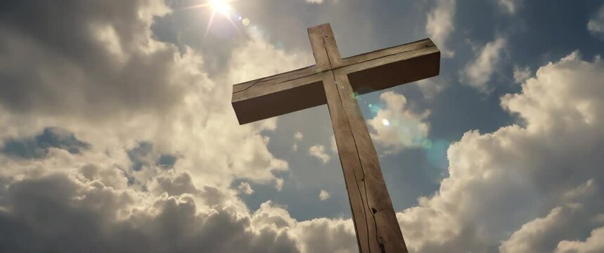 Wooden cross with blue sky clouds and lens flare effect animation