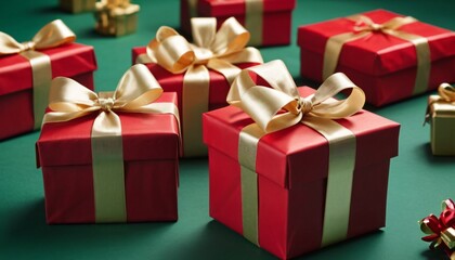 Wrapped Presents with golden bows on a green background