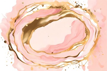 Blush pink watercolor fluid painting vector design card. Gold rose and golden marble geode frame. Soft wedding invitation. Dye splash style. Alcohol  - obrazy, fototapety, plakaty