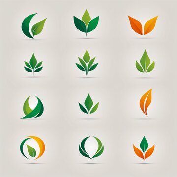 Set of Green and Orange Leaves Illustrations on White Background