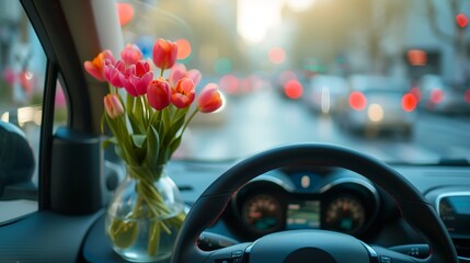 Springtime journey with a vibrant bouquet of tulips inside a modern car - obrazy, fototapety, plakaty