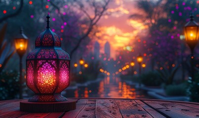 Arabic lantern lights on a Round wooden podium as a main focus in left side with Abstract purple and pink lights blur blinking background. Generative AI - obrazy, fototapety, plakaty