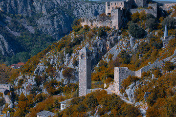 View over the village of Pocitelj with its mosque and traditional houses in Bosnia and Herzegovina