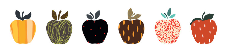 Set with cute six colorful apple on white background. Vector illustration.