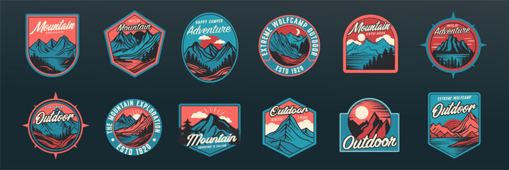 Mountain adventure hipster logos and badges, stickers logos and labels. - obrazy, fototapety, plakaty
