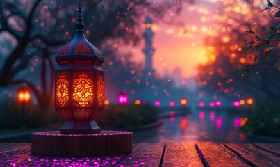 Arabic lantern lights on a Round wooden podium as a main focus in left side with Abstract purple and pink lights blur blinking background. Generative AI - obrazy, fototapety, plakaty