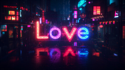 Love Colorful Neon Lettering Cyberpunk Style. Banner illustration for Valentine's Day.