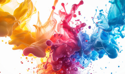 Large colorful splash of multicolored paint that scatters in different directions. Rainbow colored liquid explosion illustration, isolated on white background. - obrazy, fototapety, plakaty