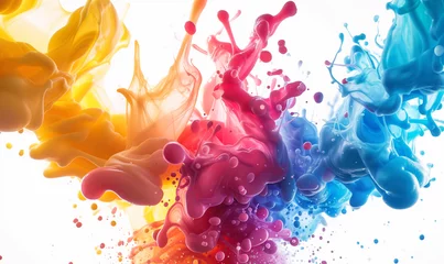 Fotobehang Large colorful splash of multicolored paint that scatters in different directions. Rainbow colored liquid explosion illustration, isolated on white background. © akromin
