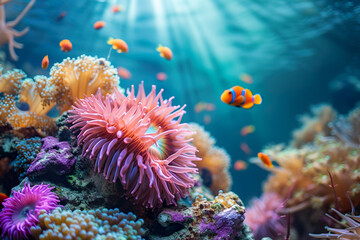 Tropical sea underwater fishes on coral reef. Colorful marine panorama landscape 