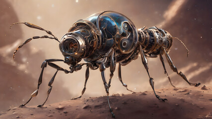 Fototapeta premium Snow-covered Christmas tree adorned with festive decorations in a peaceful forest setting, surrounded by intricate details of small insects, including ants, spiders, and beetles, creating a unique ble