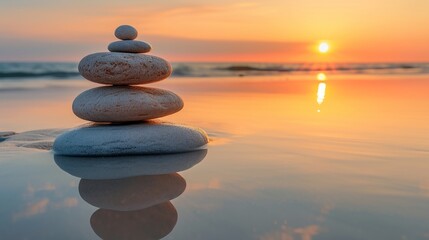 Obraz na płótnie Canvas Serene beach sunset with a balanced stone sculpture reflecting