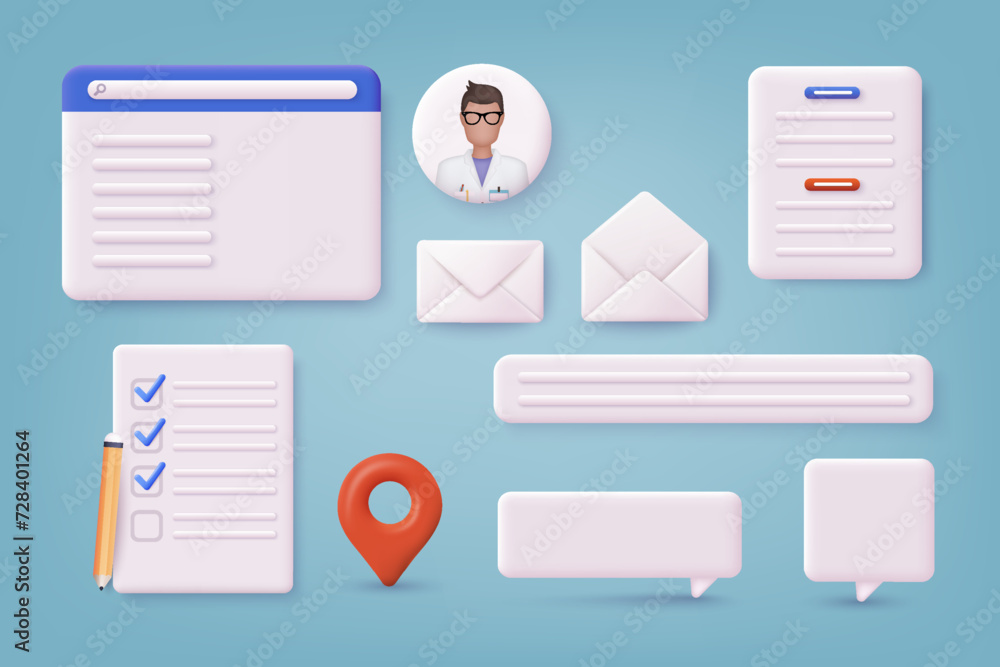 Poster set of different objects for pages. landing page template for web. 3d web vector illustrations.