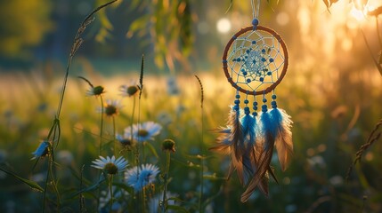 Bohemian dreamcatcher with royal blue feathers in a sunlit meadow - obrazy, fototapety, plakaty