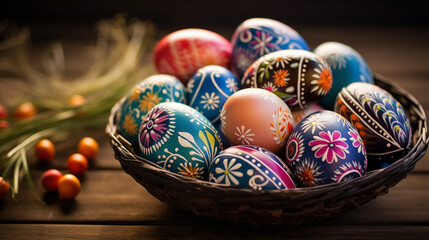 Artistic Coloured Easter Eggs in a Basket