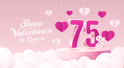 Happy Valentine day, Mega sale, special offer, 75 off sale banner. Sign board promotion. Vector illustration