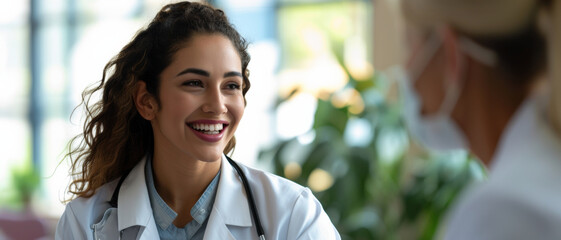 Joyful female doctor conversing with a colleague
