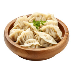 Homemade and hot manti, dumplings with meet filling in wooden bowl