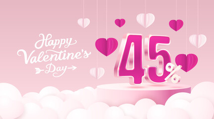 Happy Valentine day, Mega sale, special offer, 45 off sale banner. Sign board promotion. Vector illustration