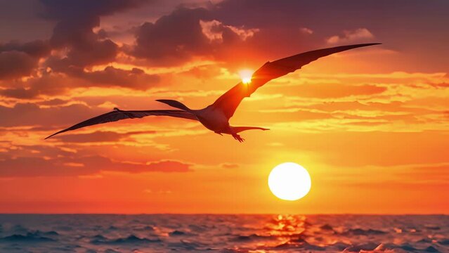 Against the backdrop of a stunning sunset a large Pteranodon catches the last rays of light as it soars towards the horizon.