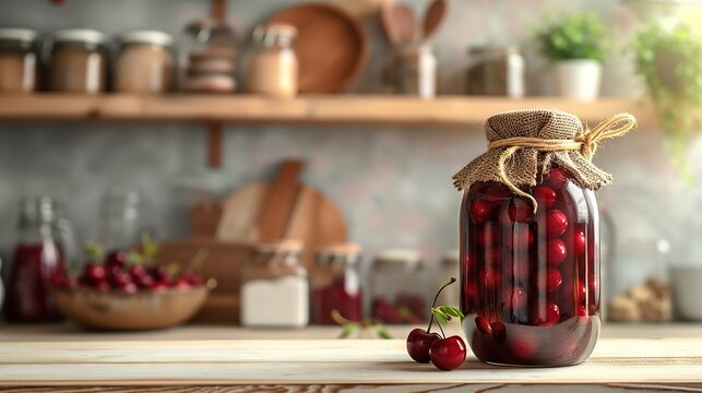 Homemade cherry preserves in a tall elegant vase on a rustic table