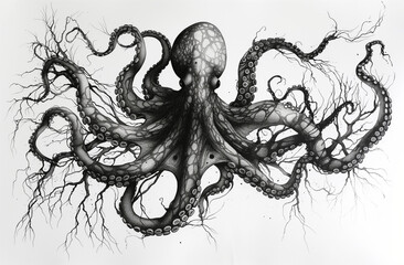 Fototapeta premium Hand Drawn Engraving Pen and Ink Octopus Vintage Vector Illustration